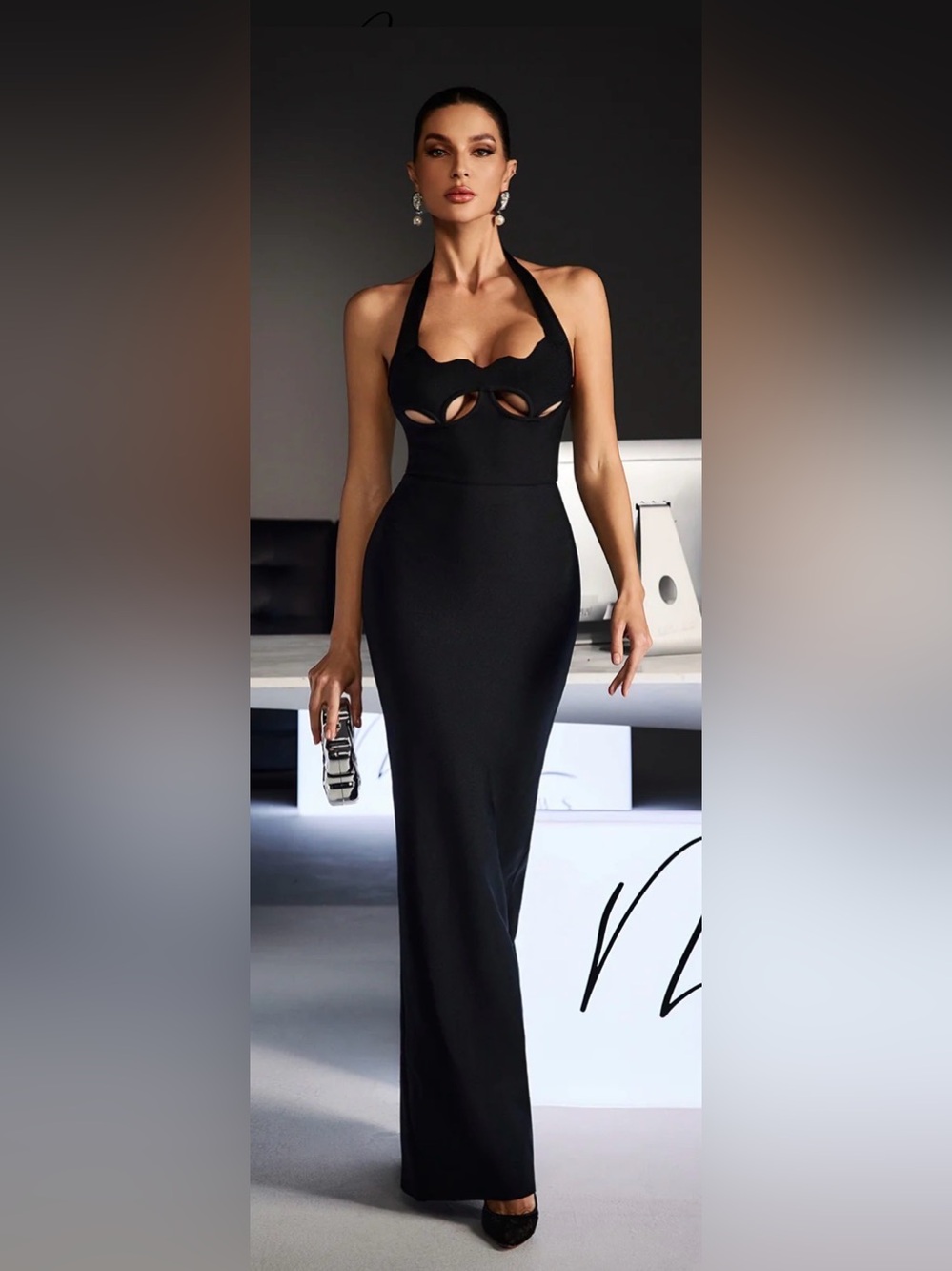 Strapless Black Cutout Halter Evening Dress